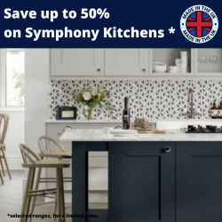An image of a fitted kitchen with wording to say save up to 50% on Symphony Kitchens. Selected ranges only and for a limited time.